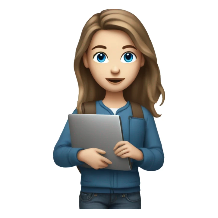 caucasian white IT girl student, holding laptop, blue eyes, brown hair sticker