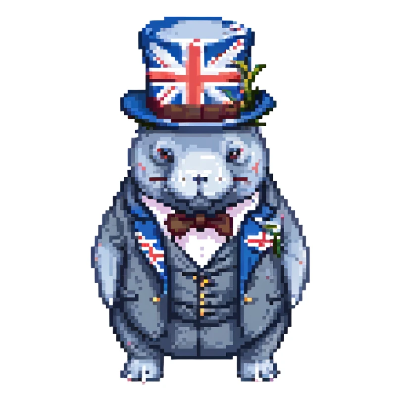 British manatee with bowler hat and monocle, Union Jack flag, pixel art style sticker