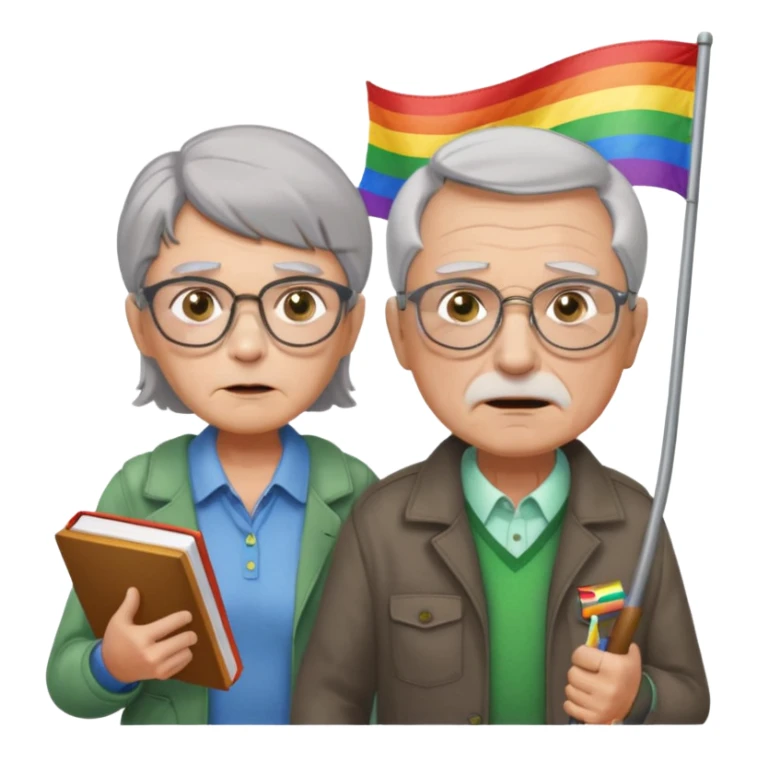 make old old man like 80 with gray hair and fur has HUGE EYE brows and glasses and is always mad and gay holding the rainbow flag and walking a young girl about 1 with brown hair and green eyes with a moth book with the other hand sticker