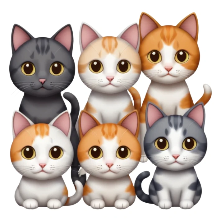 5 different coloured short haired cats including; a dark brown and white cat, and a dark grey and white, and a calico sticker