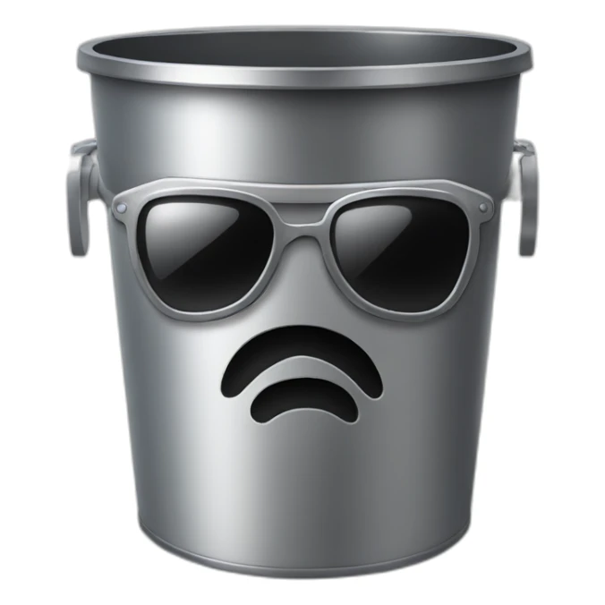 metal trash can with similing sunglasses face, brain on top sticker