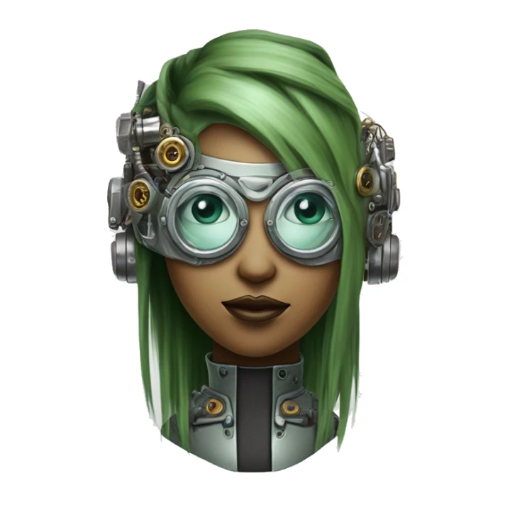 Olive green hair female cyborg head with silver steampunk goggles, goatee and circuits sticker