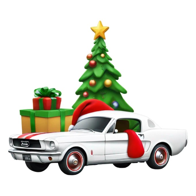 Create a merry Christmas’s message with a white mustang car from the 1960s with Santa in the drivers seat  sticker