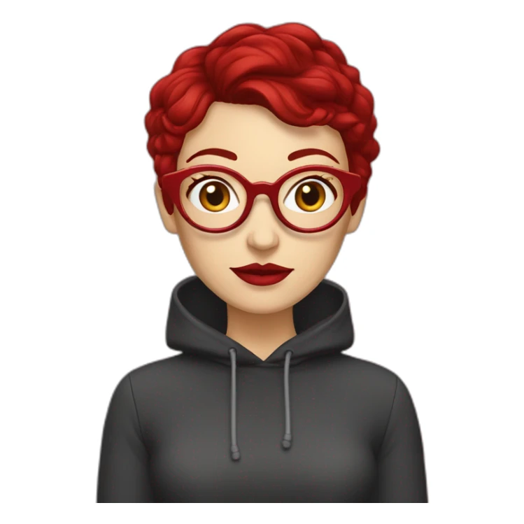 white woman with dark red pixie cut and big red glasses red lips wearing red hoody sticker