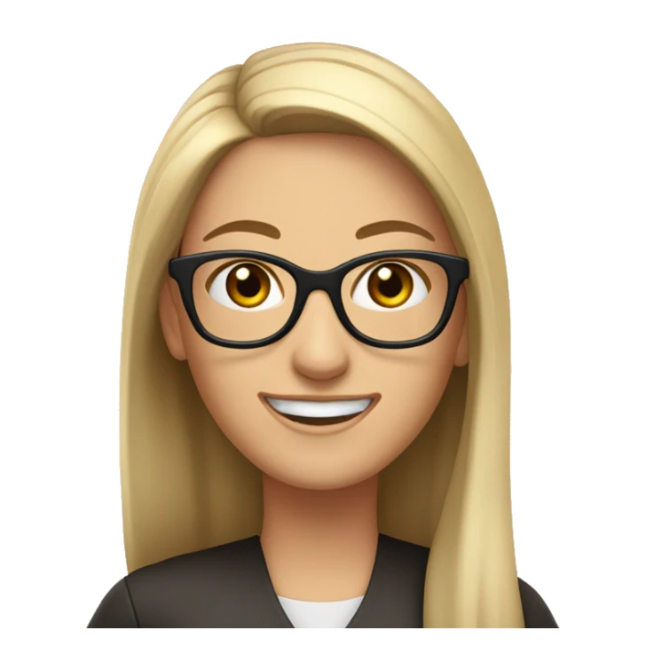 White woman, glasses, long straight hair pulled back at the sides, dark brown eyes smiling while waving sticker