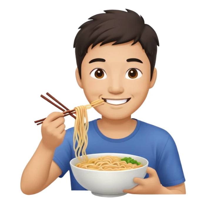 Asian man eating noodles and smiling  sticker