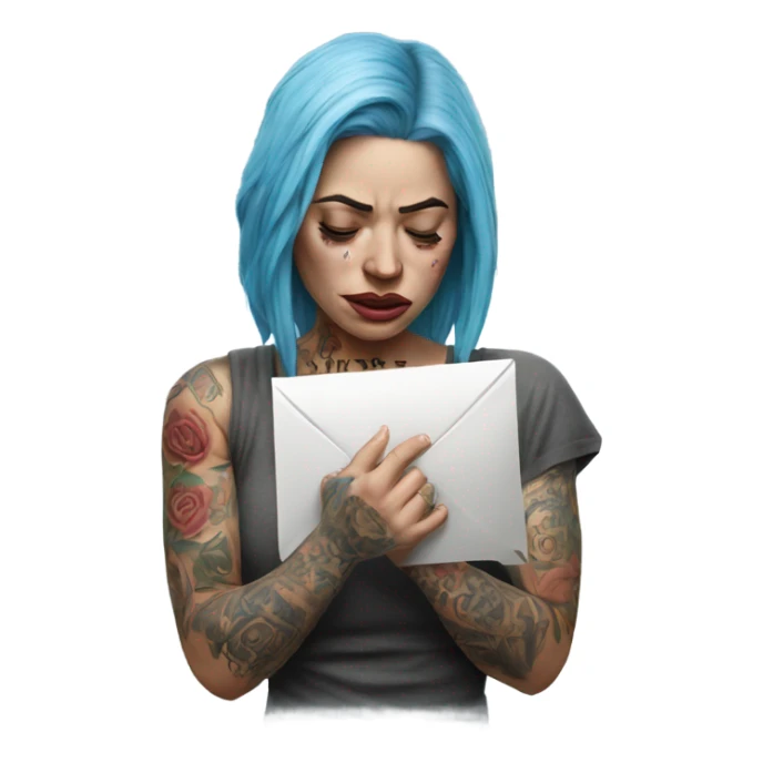 Hyper Realistic Beautiful tattooed woman crying holding a letter  sticker