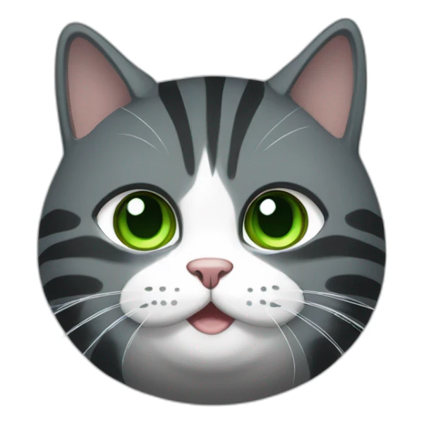 Chubby Striped dark grey female cat with Green eyes and white chest sticker