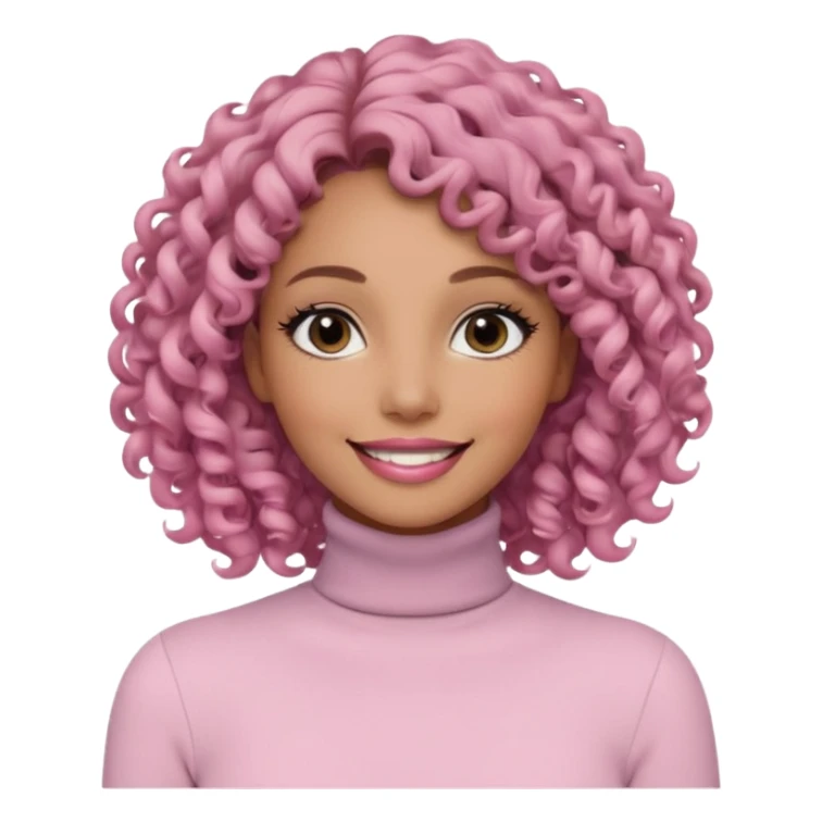 a woman with white long sleeve turtle neck top and smile, her hair is long curly and the color is black, her eyes color are black and the color of her lip is soft pink sticker