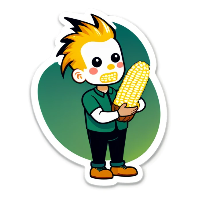 Bold corn with shining bold head holding logs in his hands and eating it  sticker