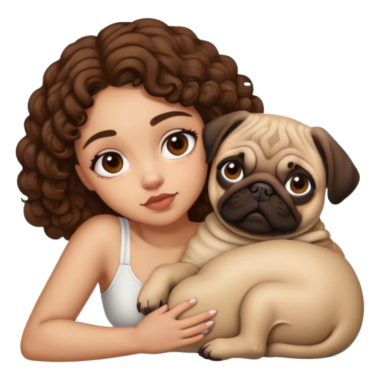 Light skin girl brown curls laying with pug sticker
