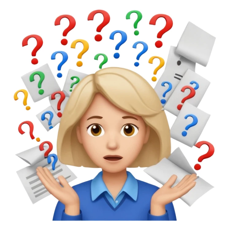 A kindergardenteacher with an overwhelmed expression, surrounded by flying papers and question marks. sticker