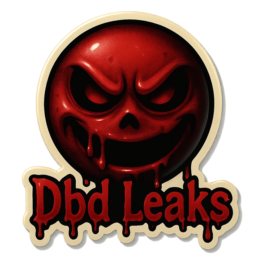 Make the emoji horror themed with creepy, horror elements. Use blood red and black colors. The text 'Dbd Leaks' should look like dripping blood. Keep the background transparent. sticker
