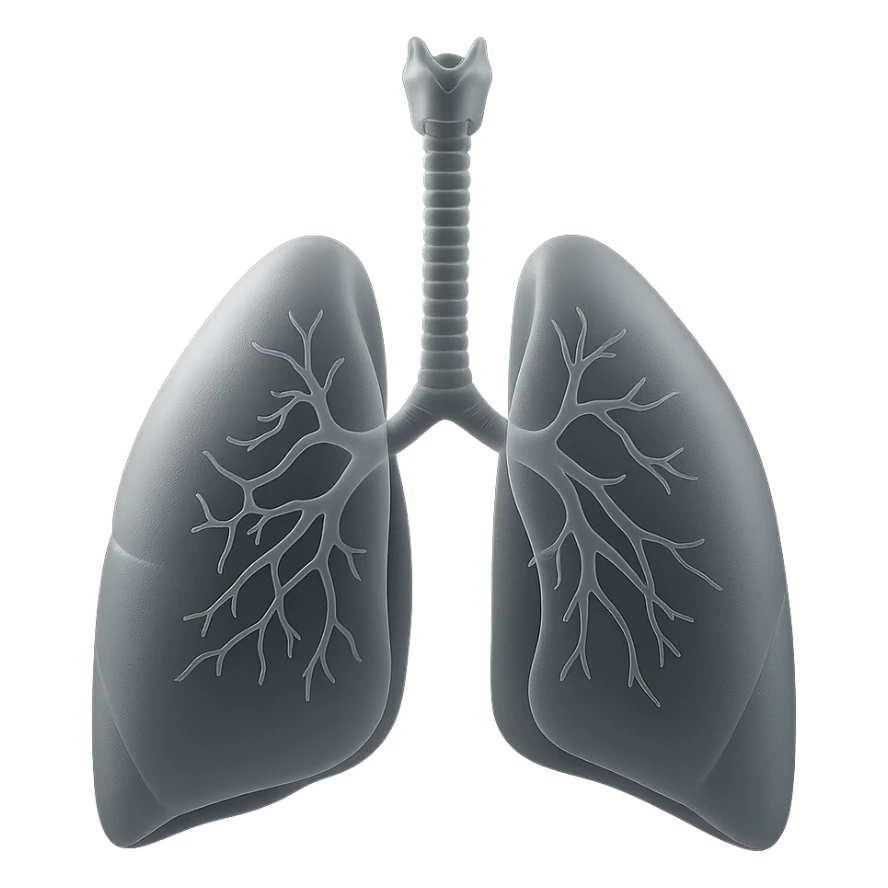 Create an educational and clean image of the human respiratory system showing the trachea, bronchi, and both lungs with a translucent, frosted glass effect in matte glass style, inspired by the reference image. sticker