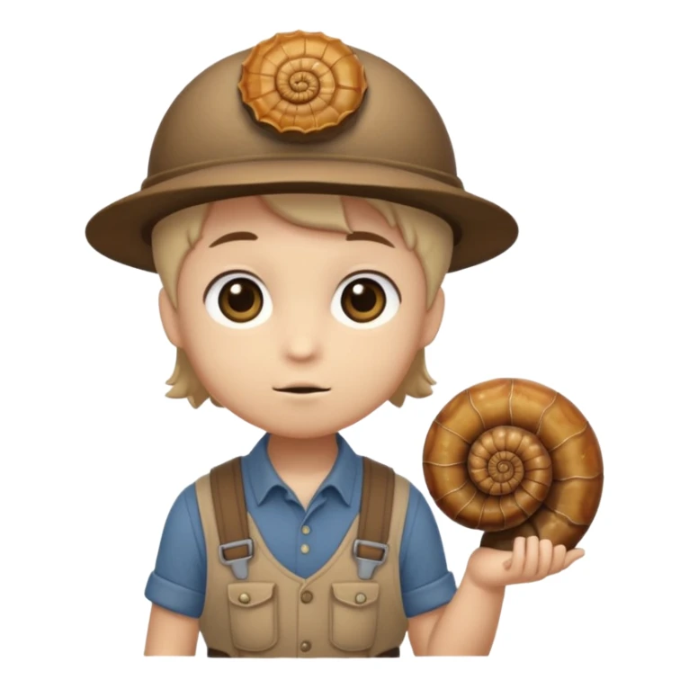 Shelly has a small, chibi-style body with a large ammonite-shaped head that looks like a beige fossil shell. One side of her head has a dark opening, making it clear she isn’t human. Her face is simple and soft, with big round eyes. She wears a brown suspender outfit over a lighter shirt sticker