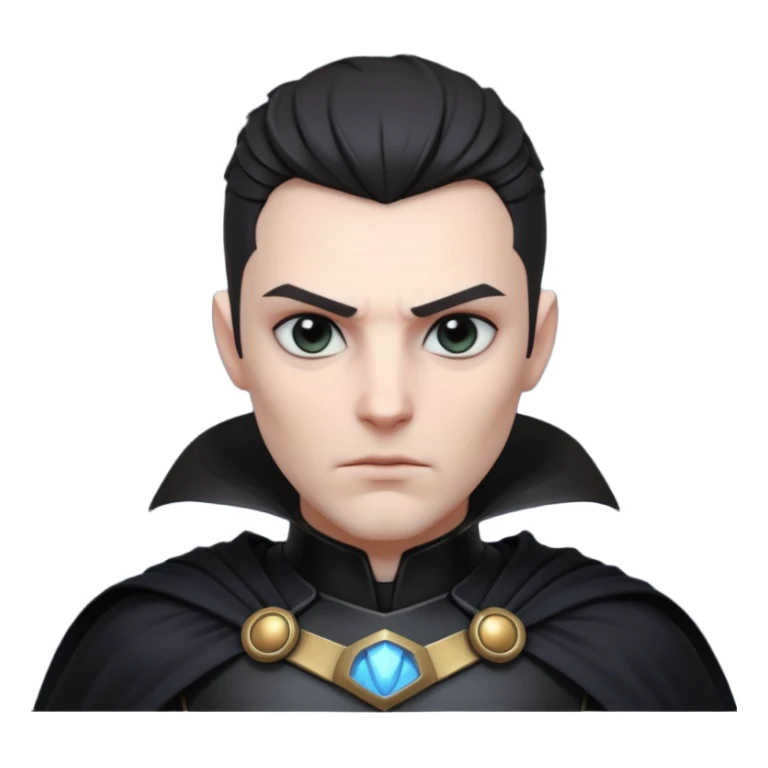 dark sci-fi villain portrait, head and shoulders only, black armor, cape collar, intense eyes, dramatic lighting, 3D cartoon, mobile game icon, clean background, no text
 sticker