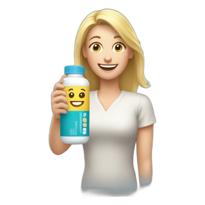 Happy blonde Mom holding iburprofen pill bottle sticker
