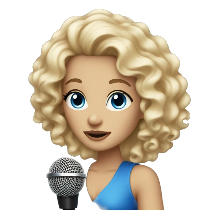 Beautiful blonde curly woman with blue eyes with microphone sticker