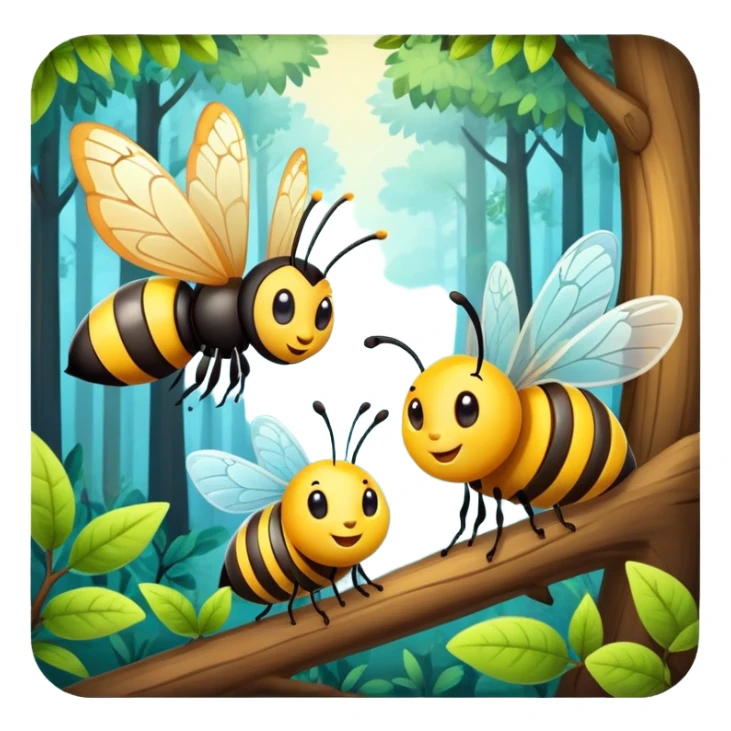 butterfly and bee sitting on a tree branch in a forest, cute and friendly sticker