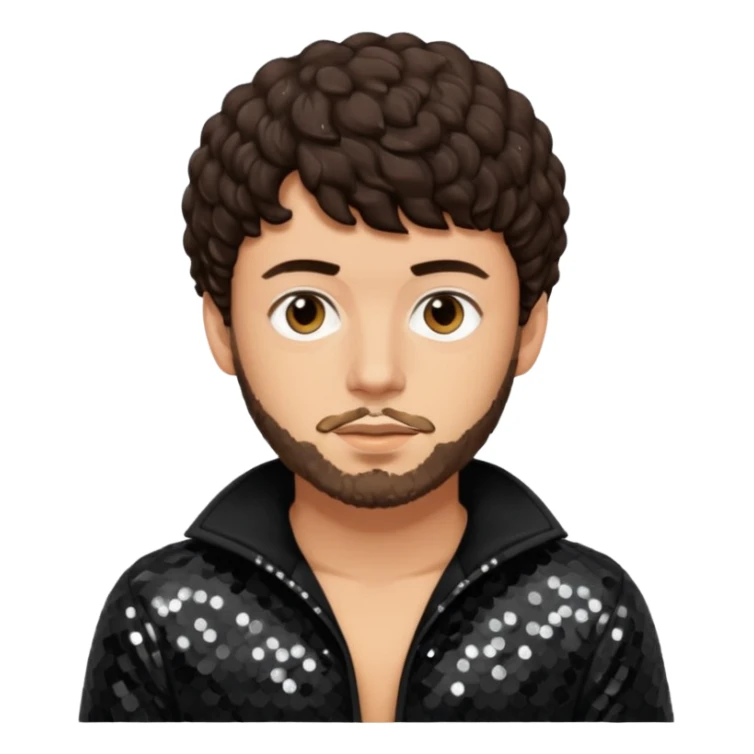 Jack Harlow with dark brown hair and short beard, black sequin outfit sticker