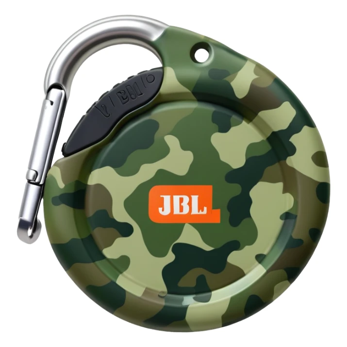 Minimal JBL Clip 4 with proper circular form, carabiner clip, green camouflage, and JBL branding visible, iOS emoji style sticker