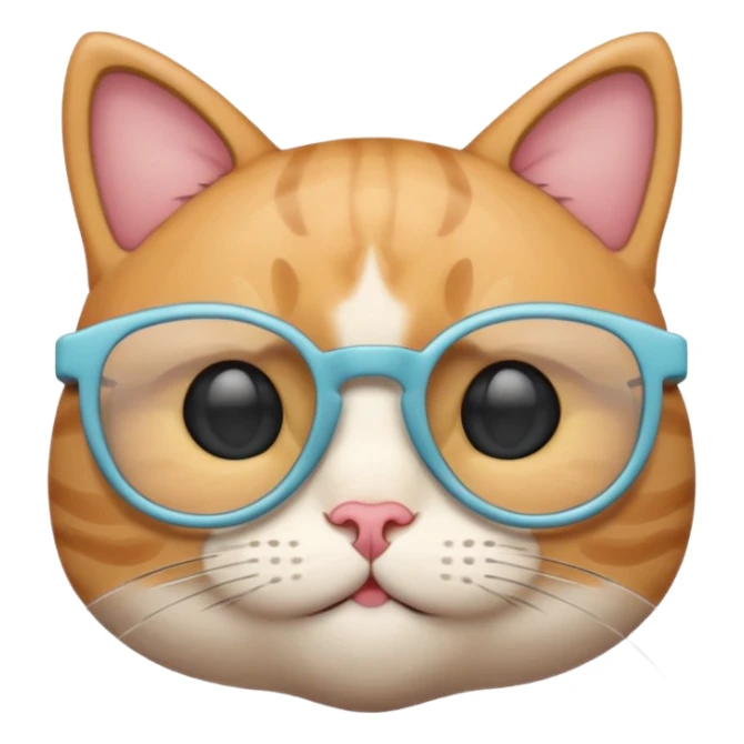 A cute cat emoji wearing geek-chic glasses, minimal design, simple shapes, soft pastel colors, clean vector style, centered composition, emoji style, smooth lines, subtle shadow, high resolution, transparent background, PNG format, no background sticker