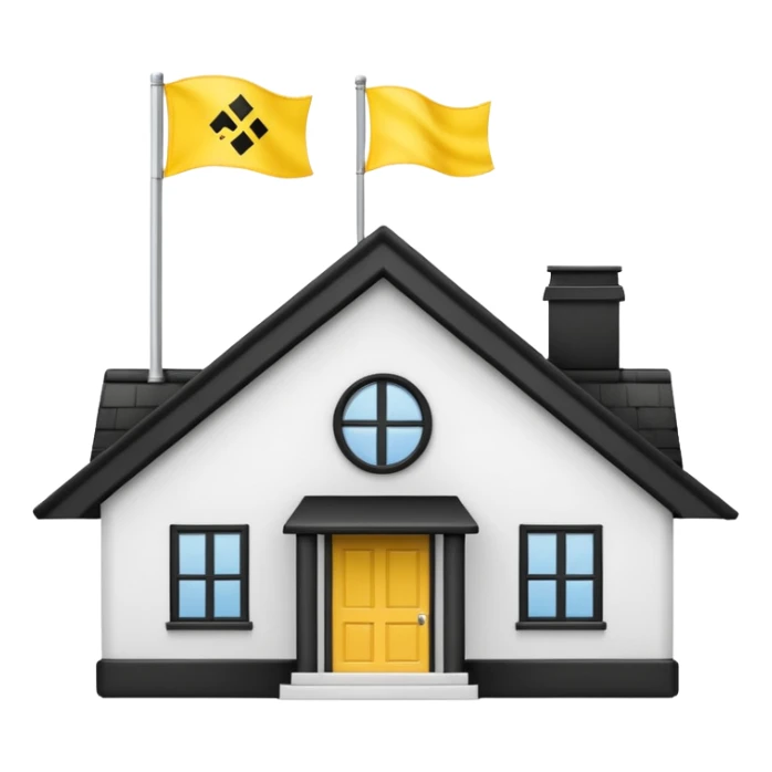 simple school, white background, magic school, black roof, with a big flag, big flag on a roof, big yellow flag, white school sticker