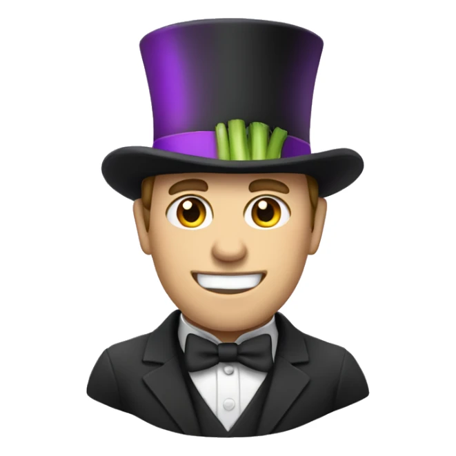 White man wearing a Top Hat with a purple band holding a leek sticker