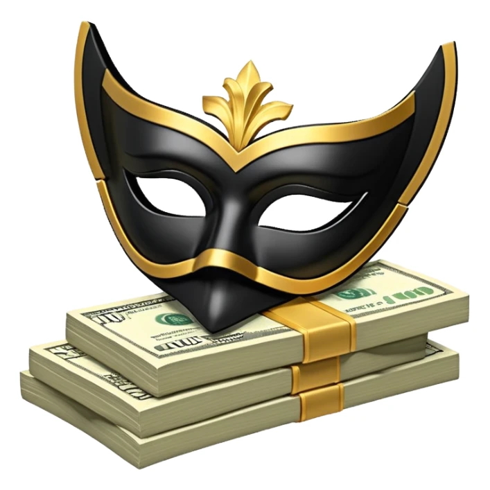 3D isometric icon, a sleek matt black Venetian mask with gold trim, resting on a single large stack of neatly bound US dollar bills, premium design, deep black background. sticker