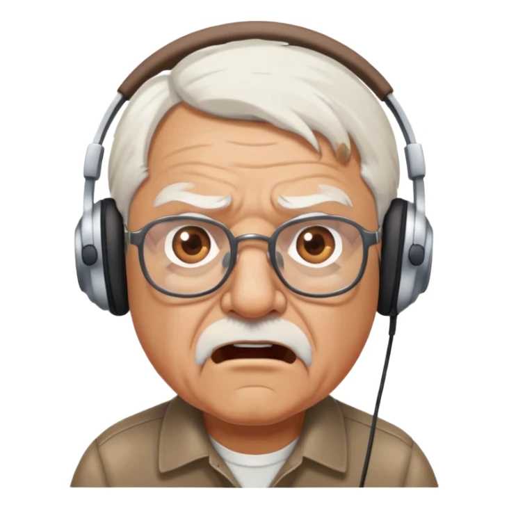 Brown old man with medium white hair, wearing glasses and headphones, looking surprised and angry, no facial hair, chubby, looking to the upper left corner sticker