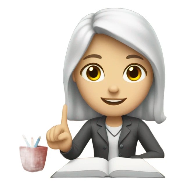 A white girl with a raised hand at a desk at school  sticker