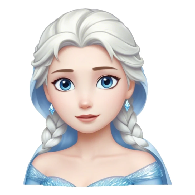 Cinematic Serene Snow Queen Portrait Emoji, rendered in a simplified vector style. Depict a gentle Elsa (chest and above) with delicate icy skin, softly cascading platinum hair, and calm, reflective blue eyes, dressed in her classic ice-blue gown. The image exudes a soft, luminous frosty radiance with high shine and a subtle glowing outline. sticker