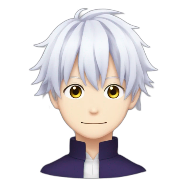 Satoru Gojo with his blue eyes,long medium white hair, a big friendly smile, dark violet uniform from jujutsu kaisen sticker