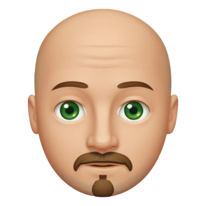 white caucasian bald man's face, with brown  round goatee and dark green eyes, oval face, rounded, big, little eyes a small smile,  sticker