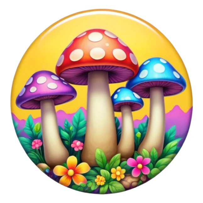 A round psychedelic colored button with bezeled edges and colorful hippie style mushrooms sticker
