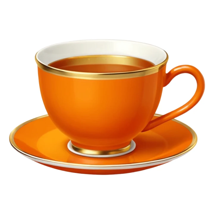 Hermès-style ceramic teacup with saucer, Hermès orange and gold trim, luxury, cute emoji style sticker