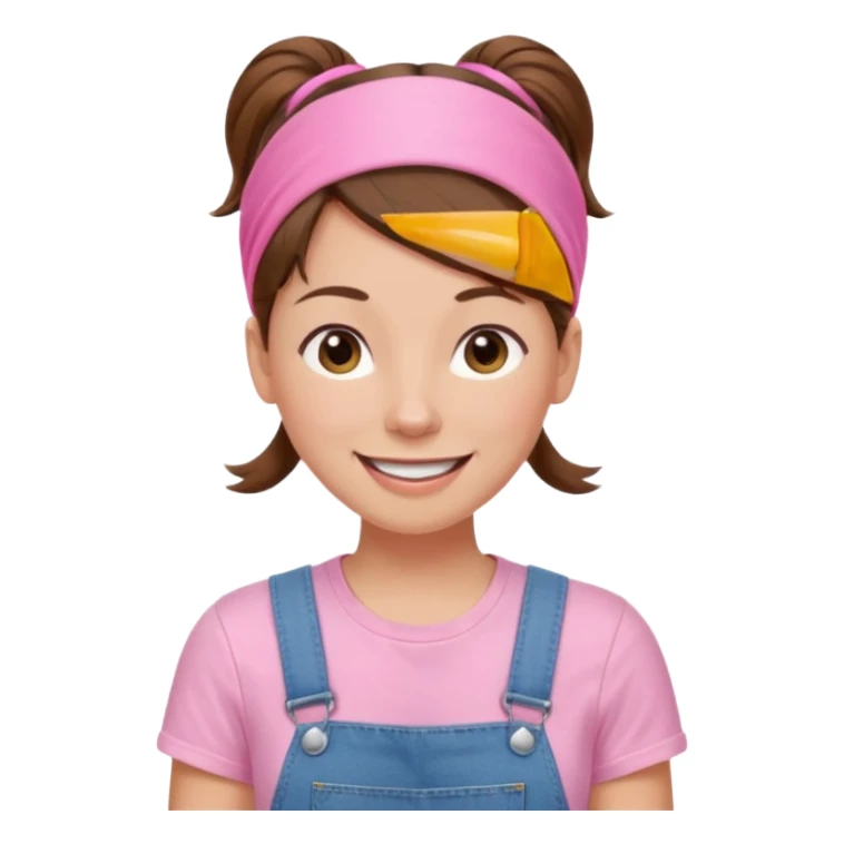 preschool teacher with brown hair pulled up in high ponytail and light pink thin width headband. Has a pink t-shirt with denim overalls. enthusiastic expression with big smile sticker