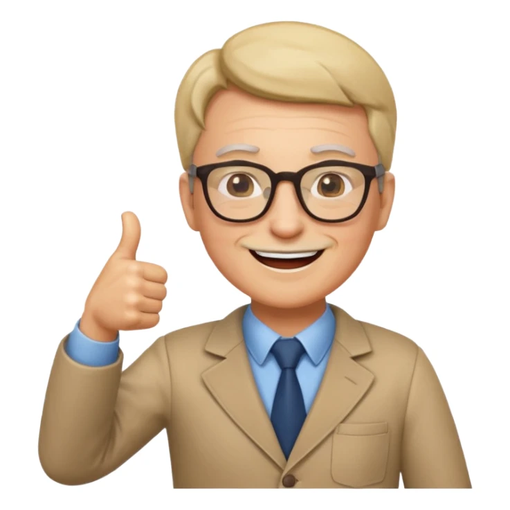 un PROFESOR que este parado con sus lentes guiñando el ojo y CON LAS MANOS HACIA ARRIBA DANDO LIKE sticker