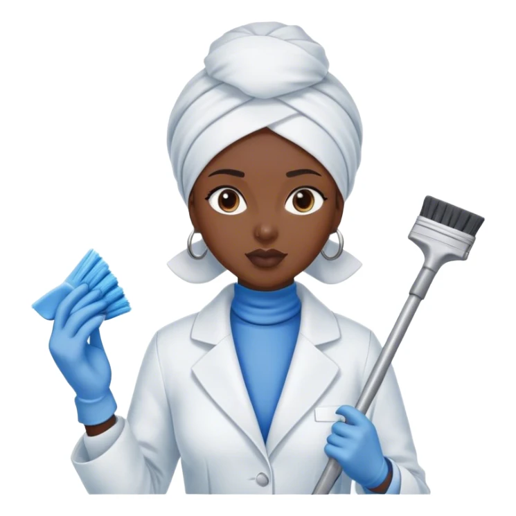 dark-skinned woman with white headscarf, white coat with blue collar, cleaning lady sticker