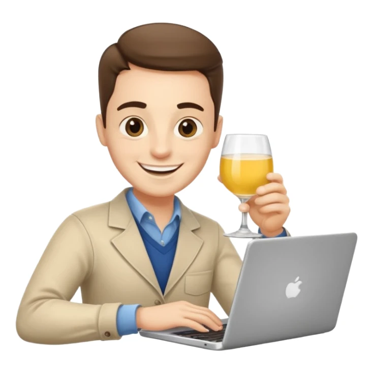 A friendly freelance character (male or neutral) working on a laptop while holding a glass of pastis/ricard (yellow drink with ice and lemon). The character should have a simple smiling face (no glasses), and should look energetic and creative. sticker