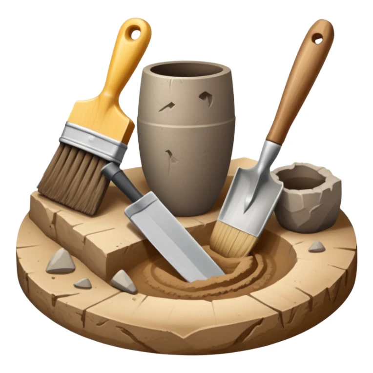 An icon showing an archaeologist’s tools: a trowel, brush, and a partially uncovered ancient artifact like a vase or tablet. The design includes a sandy excavation site with ruins in the background, symbolizing the discovery of past civilizations. Transparent background  sticker