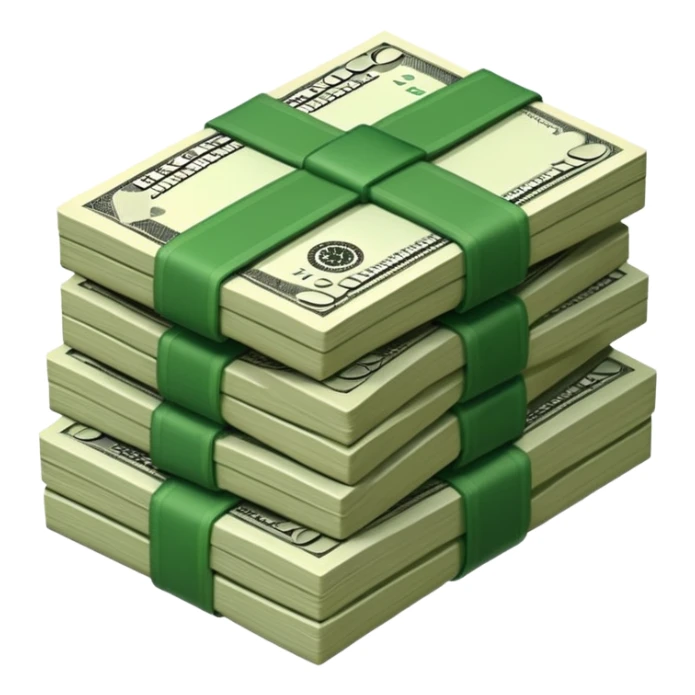 3D icon of stacked US dollar bundles with green straps, isometric view, game style sticker