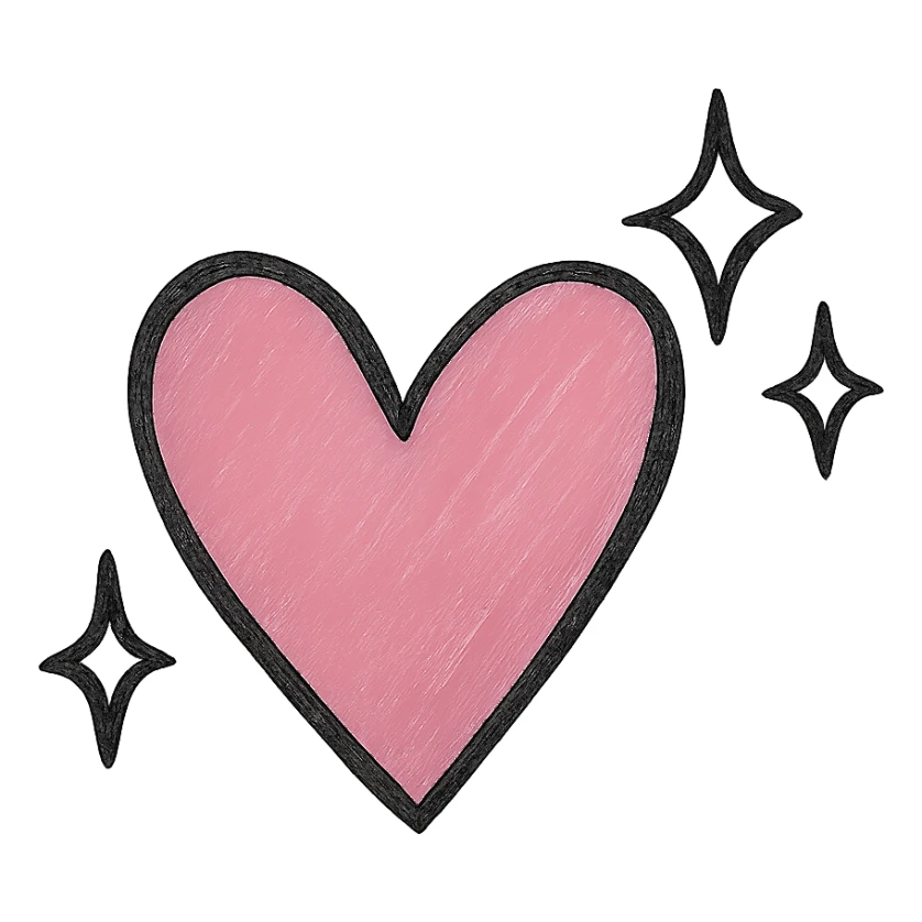Add a sparkle effect to the pink hand drawn heart, keep the black outline style, with a clean white background. sticker