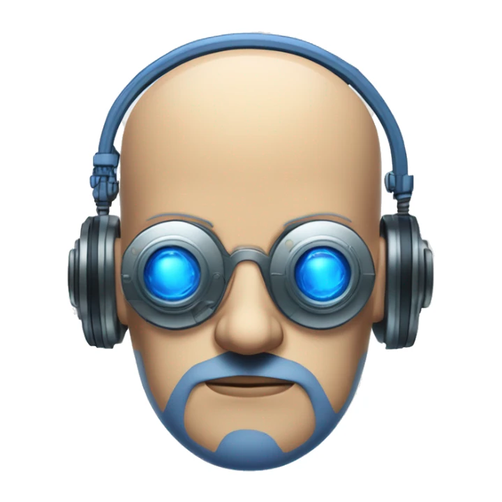 Fat bald cyborg head with tan skin, blue beard, blue steampunk goggles and circuits sticker