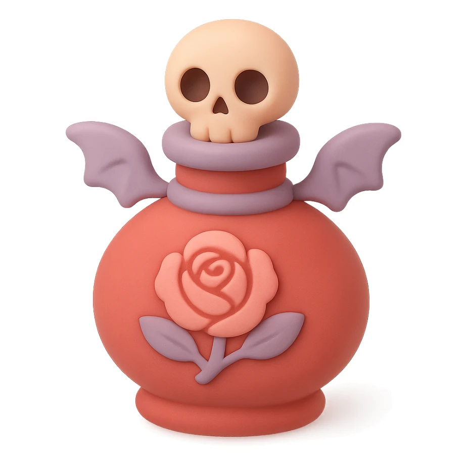 red goth potion bottle with a rose motif, soft and cute gothic look, mochi style sticker