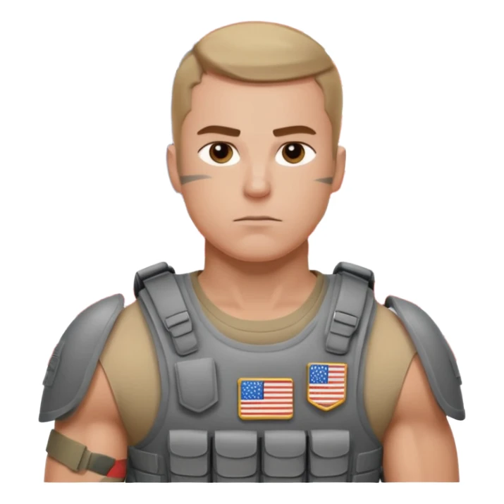generate realistic manly white american soldier in body armor and full uniform with small usa flag on shoulder sticker