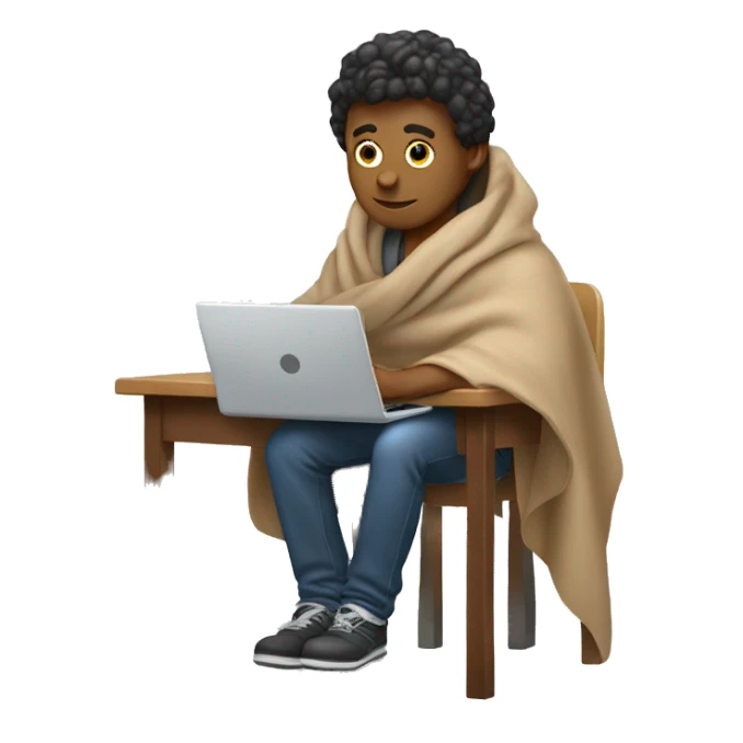 male sitting at a school desk with a big blanket wrapped around shoulders working on chromebook sticker