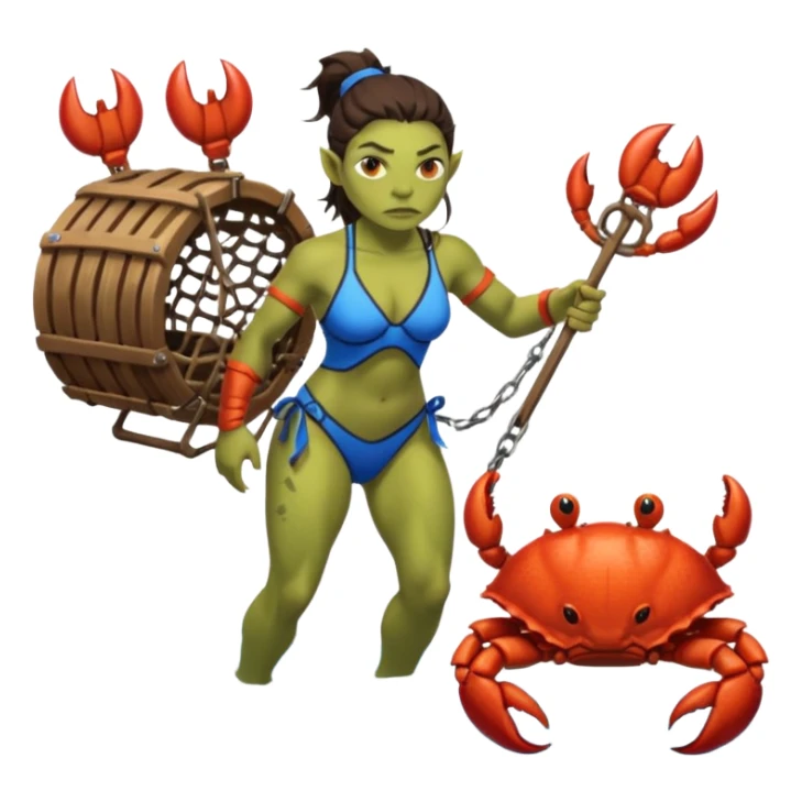 orc female Swimsuit with armored pauldrons, dragging a comically large crab trap sticker