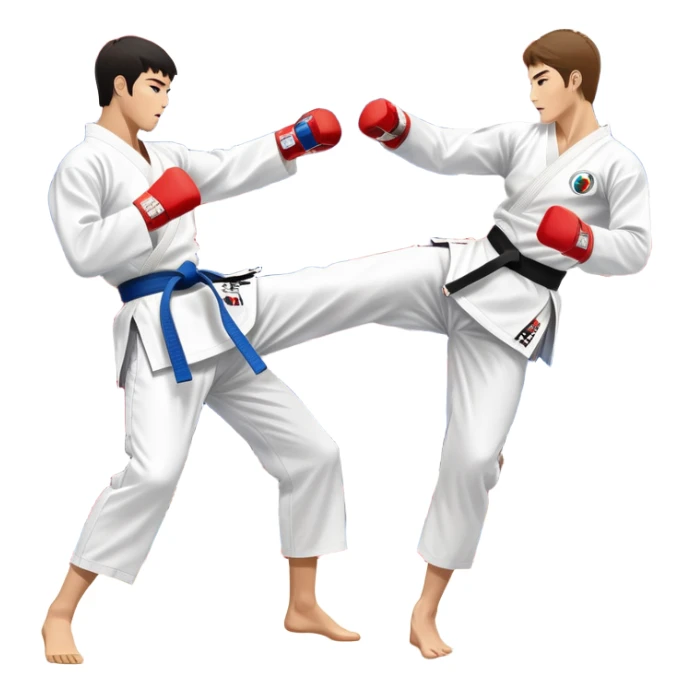 Two taekwondo fighters in a competition arena, one performing a high spinning kick towards the opponent’s head, while the other blocks with a precise guard. The background features a dynamic, bright arena with flags, emphasizing speed and agility in the martial art. Transparent background  sticker