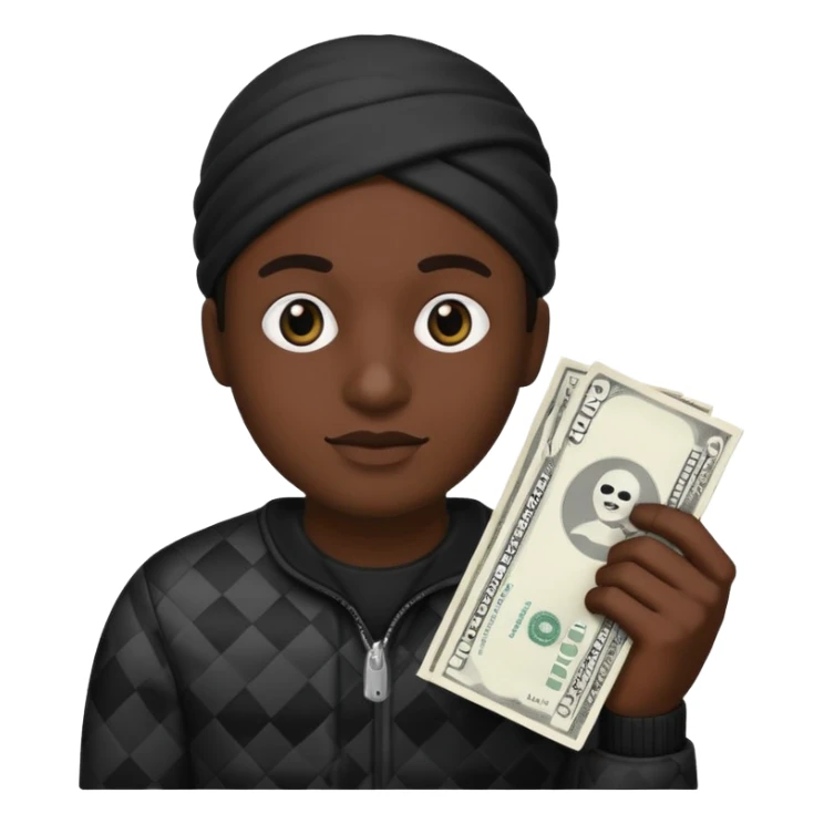 Make a robber emoji holding a bank cash with black white pattern  sticker